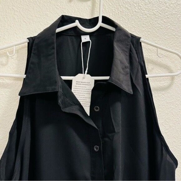 Verdusa Women's Casual Sleeveless Collar Button Down Black Shirt Blouse Sz Large - Picture 6 of 9
